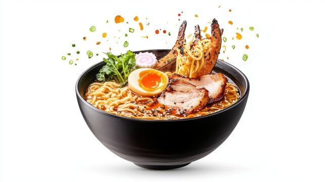 Delicious ramen bowl features a variety of tasty cooked food items