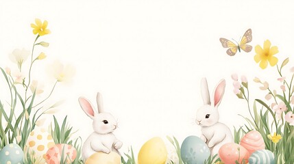 Obraz premium Easter bunnies with eggs, and flowers. (1)