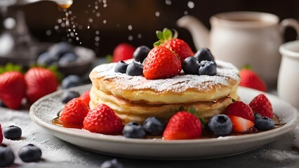 Fluffy Japanese Soufflé Pancakes with Honey Drizzle, Fresh Berries, and Powdered Sugar – Light, Jiggly, Golden-Brown Pancakes on Elegant Plate – Dreamy Café Brunch Scene, Perfect for Luxury Breakfast