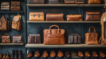 Various leather bags and shoes are displayed on wooden shelves. Use this for your shop's catalog or for fashion related articles.