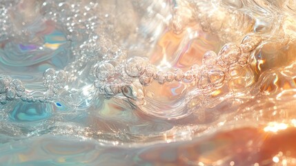 Fototapeta premium A detailed view of transparent water with light ripples and bubbles rising through the surface, illuminated by sunlight 