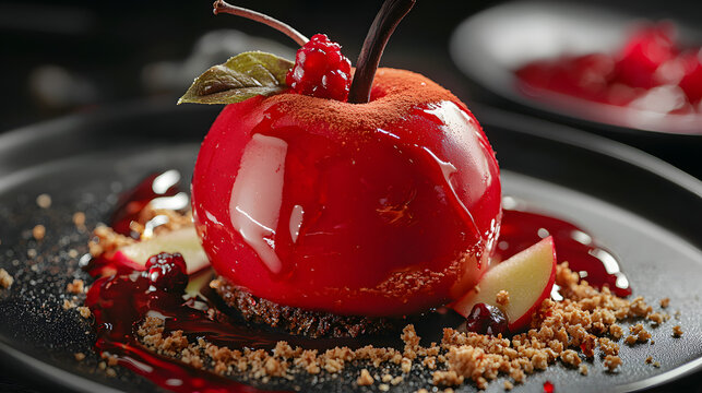 Glossy Red Apple Mousse Dessert on a Dark Plate with Garnishes and Crushed Cookies for Elegant Presentation