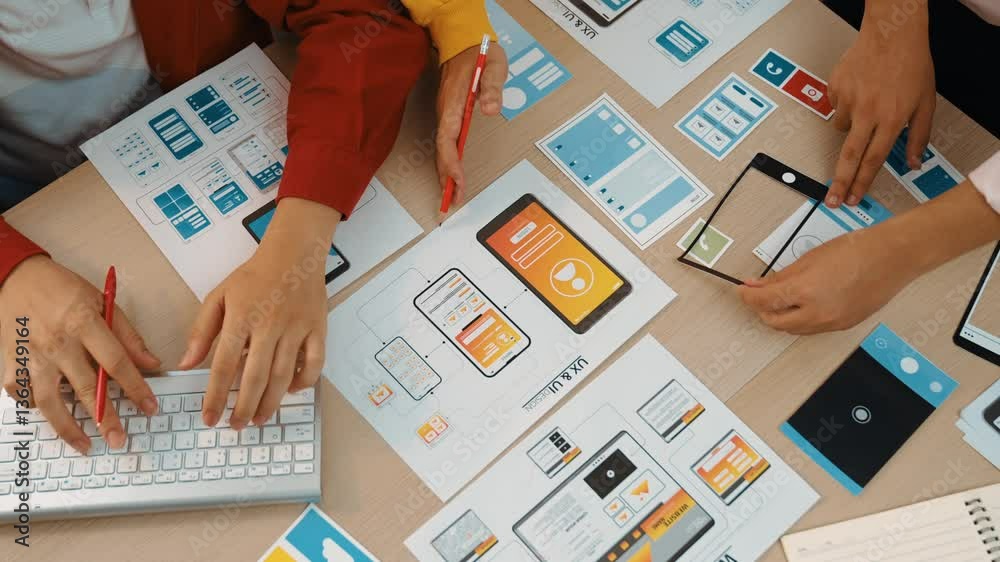 Aufkleber top view panorama video of startup company employee planning on user interface prototype for mobile 