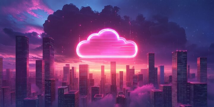 neon cloud graphic hovering above a cityscape, conveying a sense of digital connectivity. The vibrant colors, stylized skyscrapers, and atmospheric clouds contribute to its modern appeal
