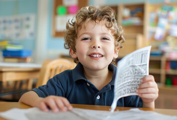 Cheerful Student Clutching Graded Test Sheet, Celebrating Success In A Lively School Setting