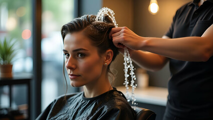 Hairstylist gently rinses salon client hair ensuring pampered atmosphere brand impression and hygienic grooming approach tied to personal flair concept as A modern parlour captures refreshing hair car