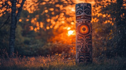 A beautifully carved totem pole stands amidst the sunset colors