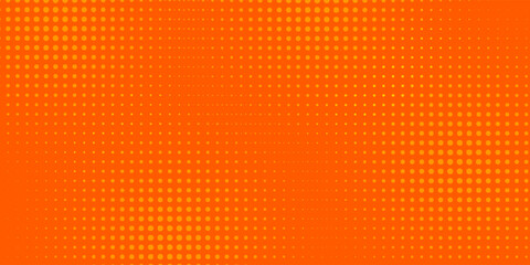 Fototapeta premium Orange halftone pattern. Orange background with circular dots mix combination. Bright orange pixel dotted texture overlay. Cartoon pop art faded gradient pattern