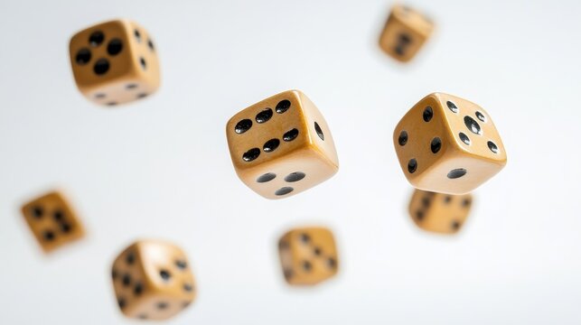 Several beige dice are suspended in mid air gracefully