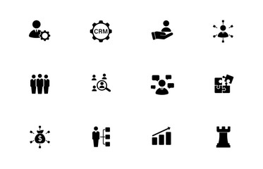 Solid vector icon set with management, business administration, finance management, leadership icons. Web design icons.