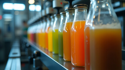 Production of Beverage Bottles: Factory Manufacturing Machines, Industrial Technology, Conveyor Automation & Liquid Juice Production in Food & Drink Business Plant - Photo Stock Concept with Empty Spa