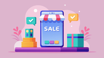 Fototapeta premium Stylized digital illustration representing an online sale or e-commerce concept with a smartphone storefront and a bold 