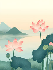 Fototapeta premium Peaceful Lotus Pond Landscape Painting