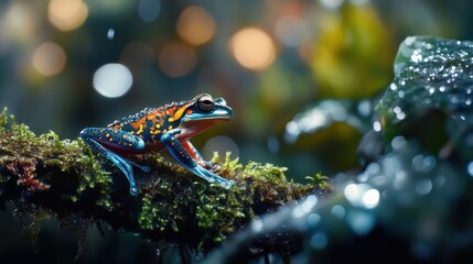 Obraz premium Colorful Frog on Mossy Branch in Rainforest