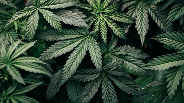 Close-up view of green cannabis leaves showcasing intricate details and textures in natural light