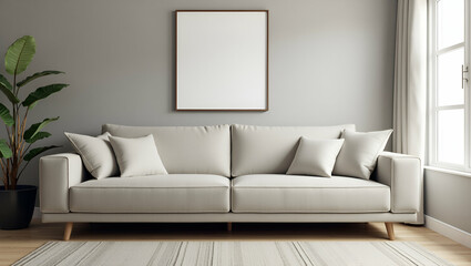 Flat Sofa arranged in room with picture frame on wall highlighting comfortable and stylish home living space. concept as Sofa arranged in room with picture frame on wall highlighting comfortable and s