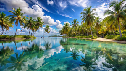 Tropical lagoon with palm trees reflecting in clear turquoise water beneath a vibrant cloudy sky.

