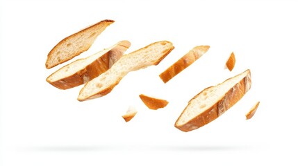 Several slices of bread are floating against a white backdrop