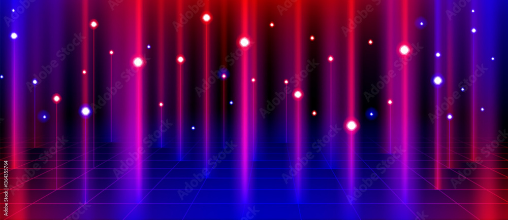 Poster futuristic abstract background with glowing neon vertical lines and floating dots. ai big data techn