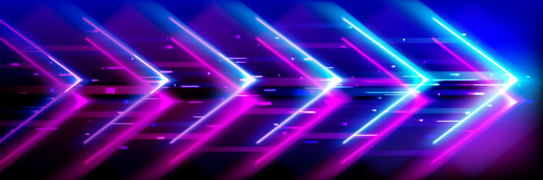 Neon glowing arrows showing forward, futuristic bright laser light stripes. Dynamic motion speed boost concept, pink blue optical flares. Cyber abstract technology background, shiny lines texture.