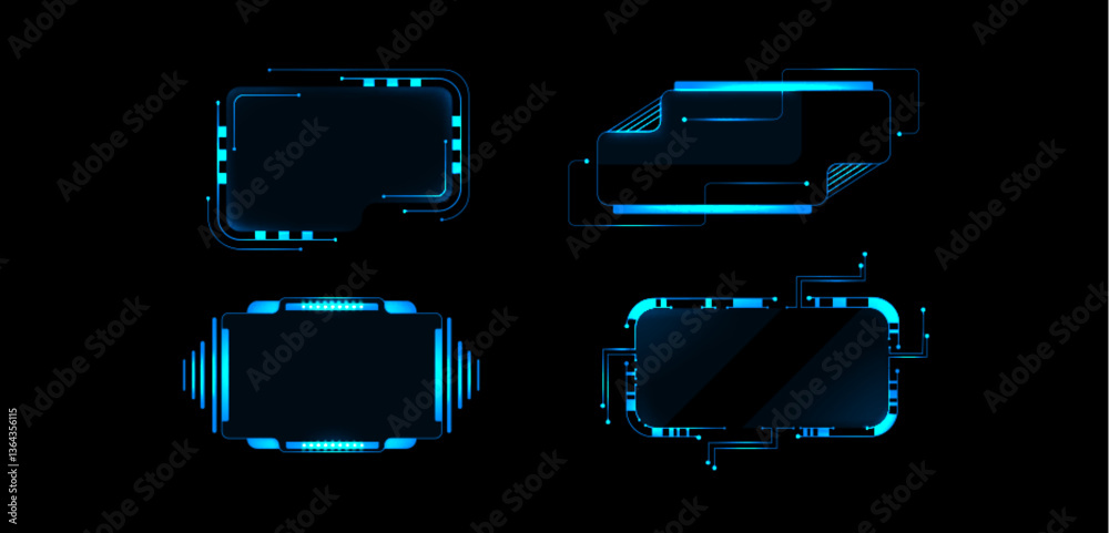 Poster cyberpunk hud frames and panels with futuristic neon blue glow. geometric shapes form hi tech screen