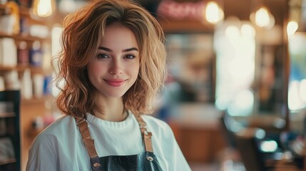 A cheerful young woman with curly hair in an apron stands behind the busy cafe counter, creating a warm morning vibe