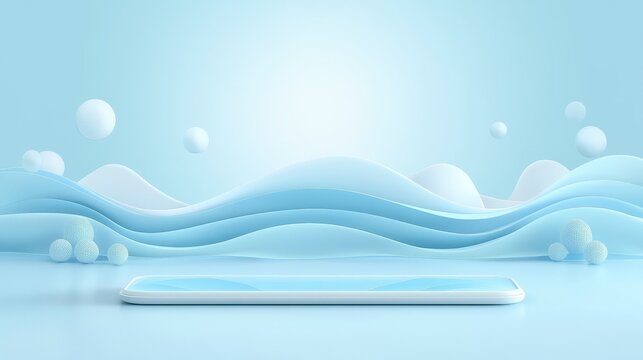 Modern smartphone with dynamic blue wave background, stylish tech wallpaper