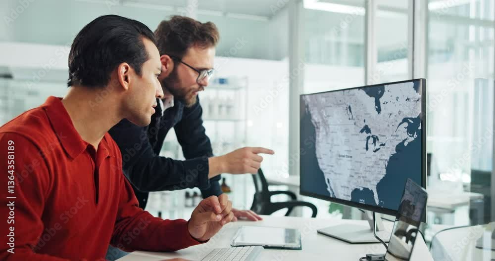 Poster men, map and computer screen with discussion for weather, environment and point for risk of wild fir