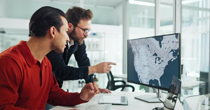 Men, map and computer screen with discussion for weather, environment and point for risk of wild fire. People, meteorology and planning with review of location for pattern at climate research agency