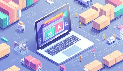 Fototapeta premium An isometric illustration of online shopping, with an open laptop displaying the website and various products on display inside it, surrounded by boxes being carried away in trucks.