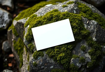 A blank white business card is resting on a rock covered with moss representing mockup