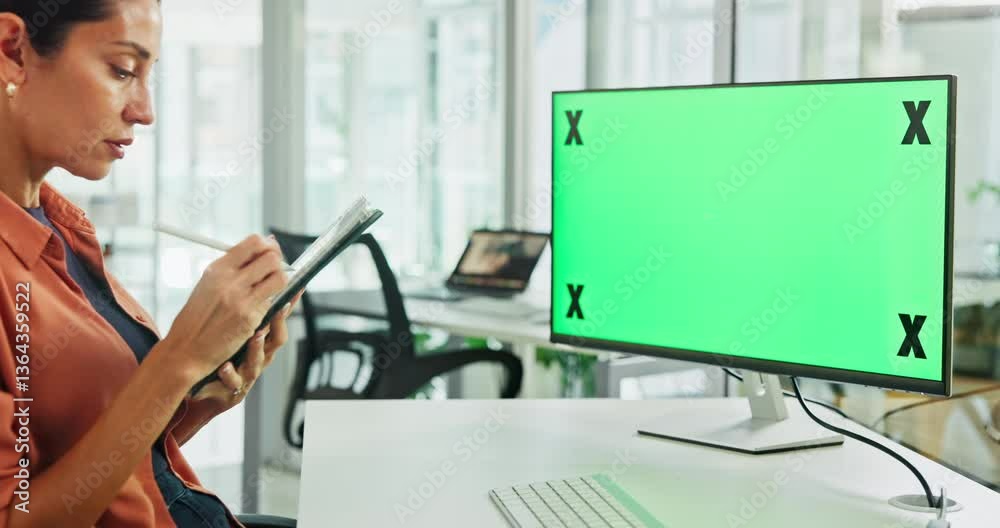 Poster Green screen, computer and business woman on tablet for web design, research and ui software. Creative agency, tracking markers and person on tech for app development, ux and website on mockup space