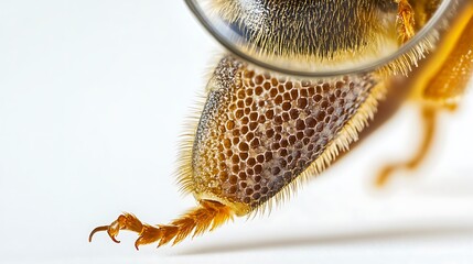 Extreme close up of insect leg under magnifying glass on white background