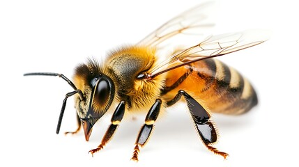 A close up of a honey bee with black stripes on a white background