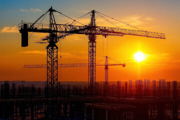 Construction site with cranes at sunset