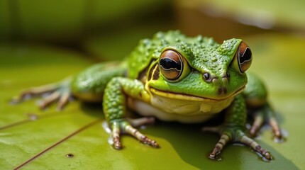 Obraz premium Close-up of a toad with vibrant green bumpy skin and sharp contours, sitting on a bright contrasting lily pad with water ripples around