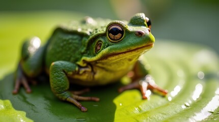 Close-up of a toad with vibrant green bumpy skin and sharp contours, sitting on a bright contrasting lily pad with water ripples around