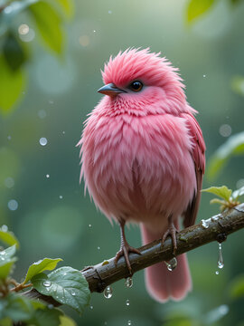 A pink bird perches on a green branch, adorned with leaves and dripping with water, as dewdrops daintily decorate its face