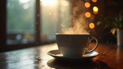 Obraz premium Close-up of a steaming mug on a table, rain streaming down a window, warm indoor glow, cozy rainy day mood