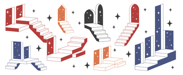 Set of impossible stairs and doorways in vintage engraving style. Optical illusion staircases. Surreal endless ladders, arches and steps. Retro architectural fantasy elements with sparkling stars. © klyaksun