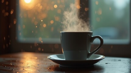 Obraz premium Close-up of a steaming mug on a table, rain streaming down a window, warm indoor glow, cozy rainy day mood
