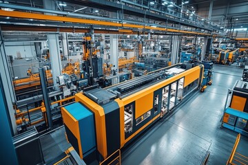 Modern factory with yellow and blue machines is seen from above. Perfect to illustrate industry, manufacturing or modern technologies.
