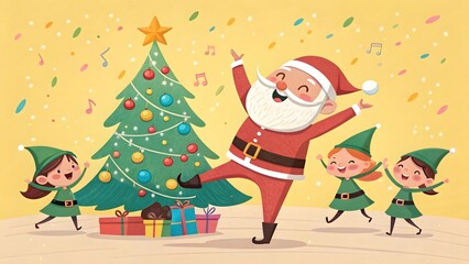 Naklejka premium Flat Merry Christmas illustration with Santa Claus and two cute pig elf companions decorating christmas tree 
