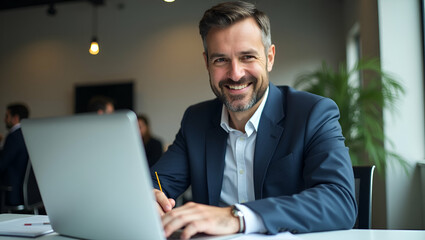 Smiling Middle-Aged CEO Manager Analyzing Financial Data with Laptop and Notebook in Office - Happy Mature Executive Conducting Research in Professional Workplace Environment