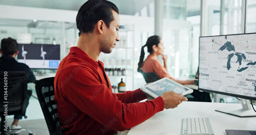 Poster notes, engineer or man on tablet in office with map for wind turbine, renewable research and writing