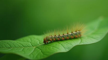 Close-up of a single hairy caterpillar on a broad leaf, soft green tones, detailed nature study aesthetic.