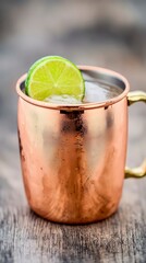 Fototapeta premium Iced Moscow Mule Cocktail in Copper Mug Lime Garnish Refreshing Drink