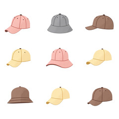 Variety of stylish hats and caps in different colors and designs