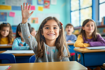 A photo of happy students sitting at desks in an elementary school classroom