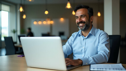 Mature Indian Businessman Smiling While Working on Laptop in Office